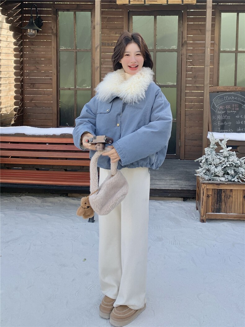 蓝色大毛领派克羽绒服女2025冬季新款设计感清新小个子加厚外套,女装羽绒服,艾米莉亚