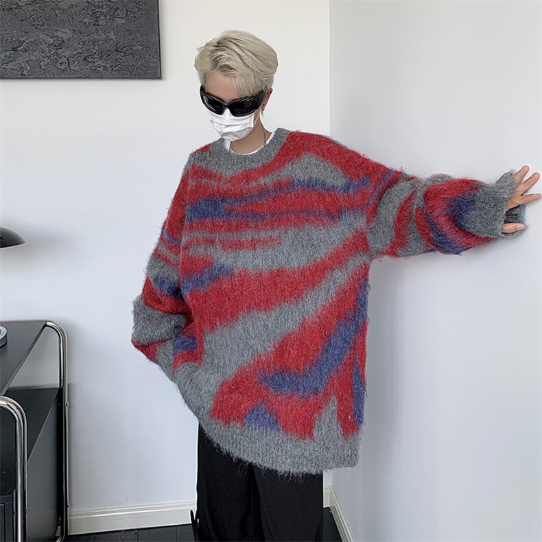 美式潮撞色条纹慵懒风男冬季宽松复古新款马海毛针织毛衣-M1211，男装针织衫/毛衣，星座601-1