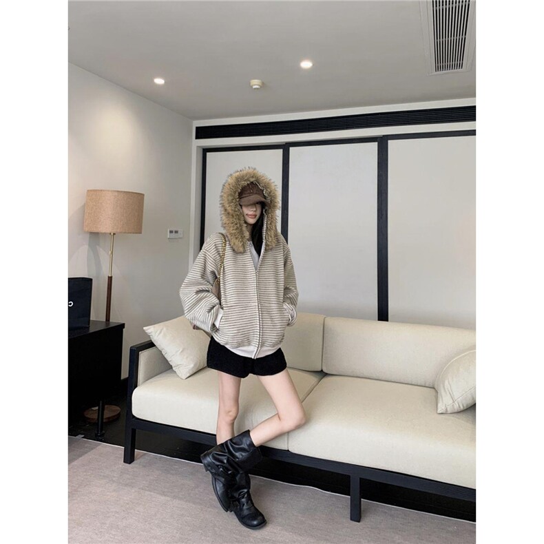 植绒开衫毛领外套拉链连帽毛领撞色条纹开衫JK790-P78,女装短外套,星座910
