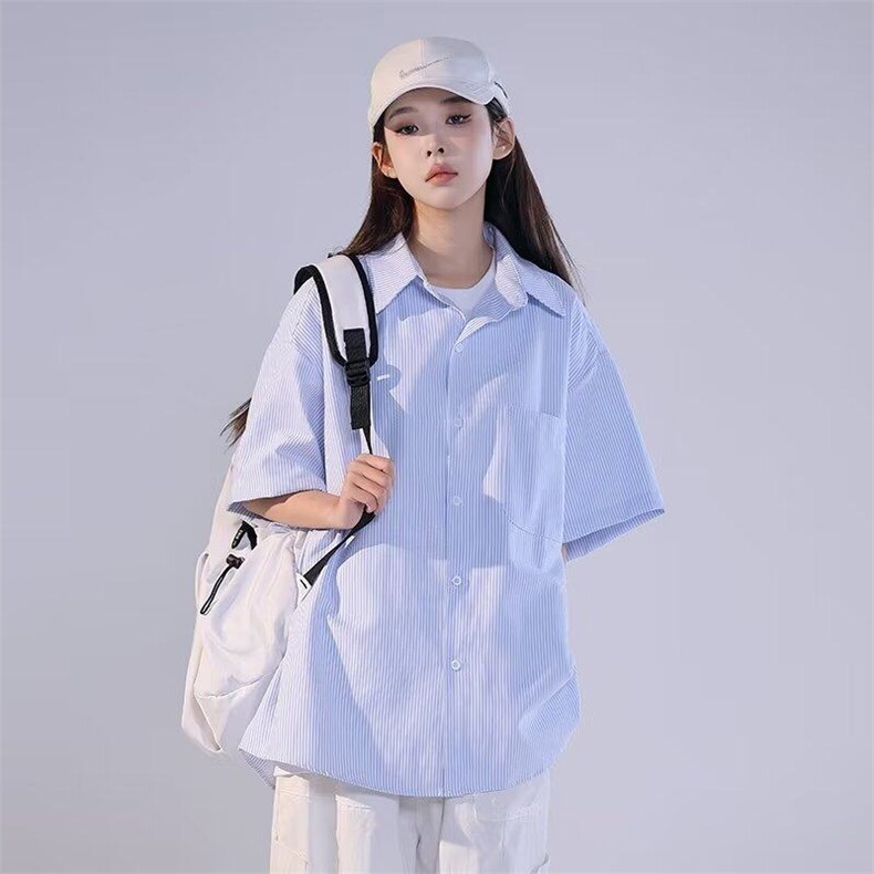 条纹短袖衬衫男女2026年新款夏季日系潮牌宽松休闲工装衬衣外套,男装衬衫,星座601-1