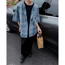 男士短袖春夏季2024新款工艺格子连帽衬衫HJ10P36，男装衬衫，星座1116-2