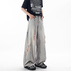 美式高街破洞牛仔裤男夏季潮牌vibe宽松痞帅休闲百搭设计感直筒裤，男装牛仔裤，星座302A-2
