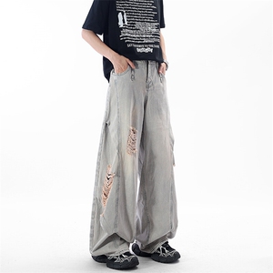 美式高街破洞牛仔裤男夏季潮牌vibe宽松痞帅休闲百搭设计感直筒裤图片