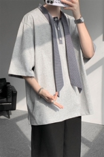 T10136-特批35控68新款小众夏季短袖撞色拼接双纱面料大码T恤，男装T恤，电商A059