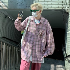 格子衬衫男长袖韩版潮流字母刺绣高街帅2024秋季C8011-P45，男装衬衫，星座1109-3
