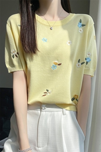 重工刺绣针织短袖t恤女夏季薄款2023新款小香风内搭冰丝半袖打底图片