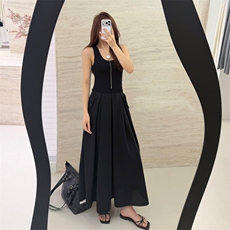 圆领背心拼梭织下摆裙修身连衣裙，女装连衣裙，优麦羊绒（原洪叶羊绒）