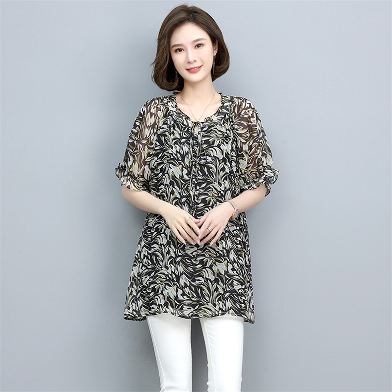 2024夏季新款时尚气质POLO领收腰显瘦休闲舒适花色中长上衣,女装大码女装,独衣靓