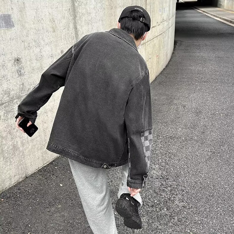 工装棋盘格牛仔外套男春秋季款ins潮牌小众高级感大码夹克,男装工装外套,星座218-8