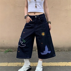 美式刺绣小鸟七分牛仔裤女夏季新款宽松阔腿百搭牛仔短裤，男装牛仔裤，星座506A