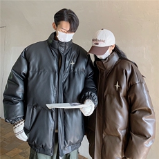 港风PU皮棉衣情侣装男装立领棉衣宽松棉服冬装外套G1071P128，男装棉衣，电商A339