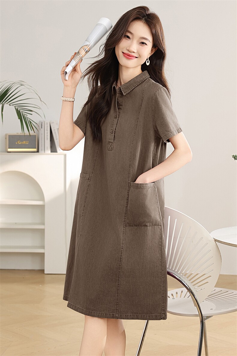 2024年夏季H版型砂洗彩色牛仔宽松翻领连衣裙,女装连衣裙,文熹诺