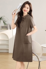 2024年夏季H版型砂洗彩色牛仔宽松翻领连衣裙，女装连衣裙，文熹诺
