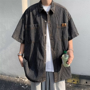 牛仔上衣男夏季潮流短袖衬衣男宽松BF风情侣轻奢日系牛仔衬衫图片