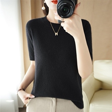 春夏新圆领羊绒短袖羊毛衫毛衣女宽松韩版半袖针织打底衫薄款，女装T恤，大美人包芯纱店
