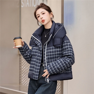 格子连帽羽绒服女小个子冬装2025新款高端时尚百搭保暖白鸭绒外套图片