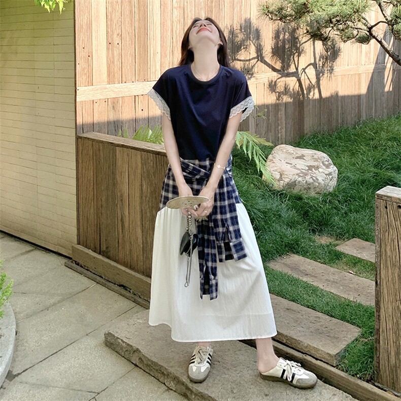小众设计师款拼接格子绑带蕾丝连衣裙女2025夏季新款显瘦气质长裙,女装连衣裙,2C332