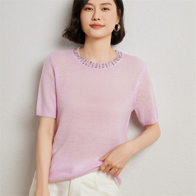 时尚气质简约百搭7G天丝领子带钻短袖羊毛衫女秋冬新款,女装羊绒衫,臻维羊绒