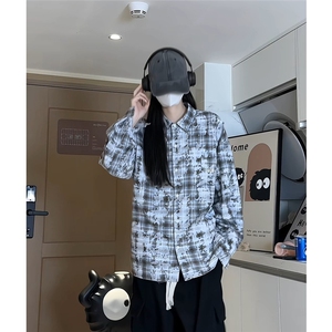 韩版晕染格子衬衫字母款潮流外搭上衣衬衫A061-AC00571-P80图片