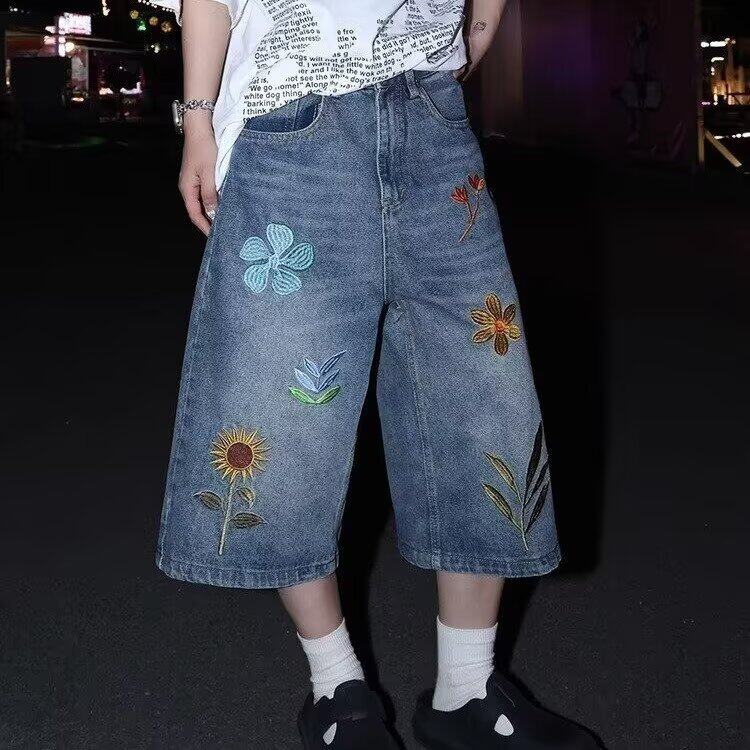 网络图美式复古花卉刺绣牛仔七分裤,男装牛仔裤,星座410-7