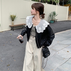 蕾丝拼接娃娃领皮衣外套女2025秋季新款韩系设计感小众休闲短夹克，女装皮衣，2C098