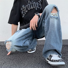 松紧腰破洞牛仔裤男直筒宽松休闲裤oversize裤子N08029-P48，男装牛仔裤，星座308B-2