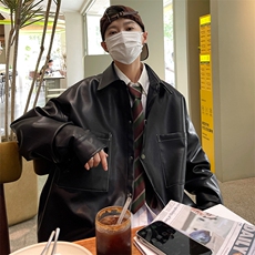 男装秋季港风纯色休闲男宽松PU皮衣夹克外套衬衫A071-C28-P75，男装夹克，电商A071