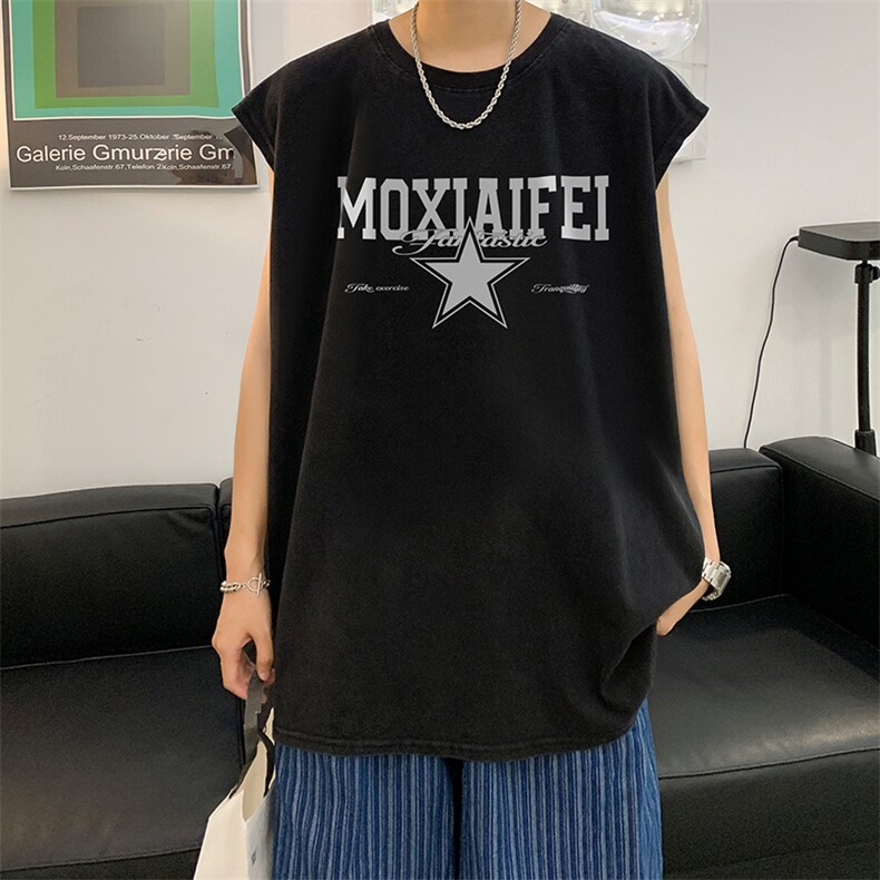 抖音供货、230克现货水洗棉印花宽松版无袖背心D223A-SB2301-P35,男装背心/马甲,电商019-1