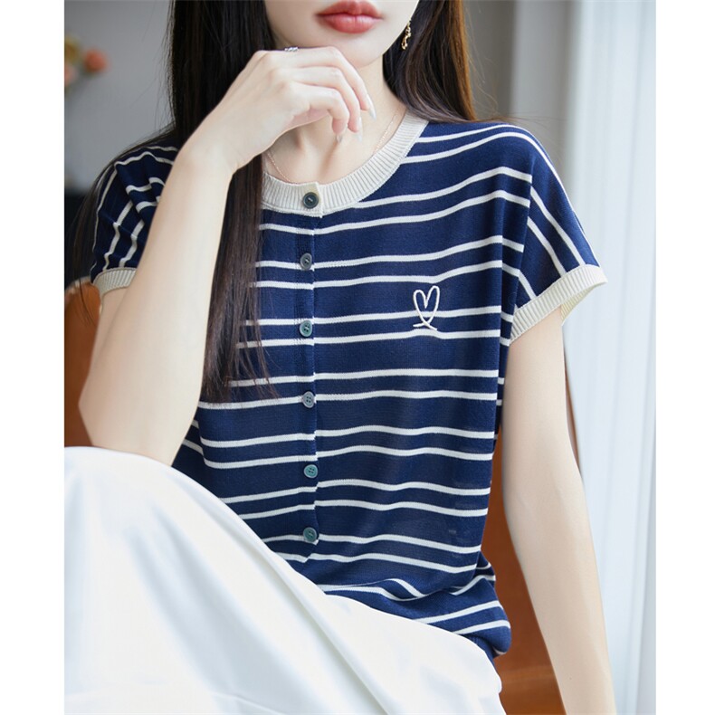 夏季100%天丝针织短袖T恤女圆领条纹爱心刺绣上衣宽松半袖打底衫,女装T恤,源达羊绒