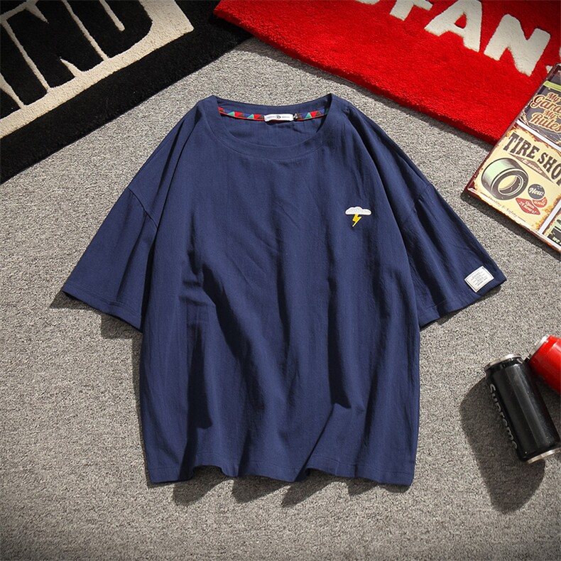 休闲风宽松型圆领T恤短袖简约云朵刺绣休闲上衣男女T125-特价P19图片