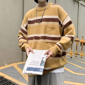 美式复古条纹毛衣男秋冬港风宽松圆领针织衫休闲毛线衣潮 M7115图片