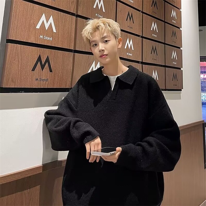 美式纯色Polo衫毛衣男秋冬季潮牌翻领针织衫休闲运动上衣M6510,男装针织衫/毛衣,星座506