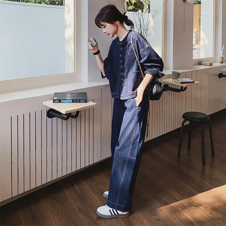 超火ootd穿搭松弛感牛仔套装女2025春季新款韩系减龄阔腿裤两件套,女装套装/套裙,2C293