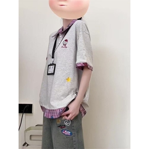 H0597-P35衬衣领假两件刺绣学院风新款T恤女图片