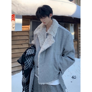 杏色座山雕双排扣毛领棉服男秋冬季美式潮牌高街加绒加厚毛呢外套图片