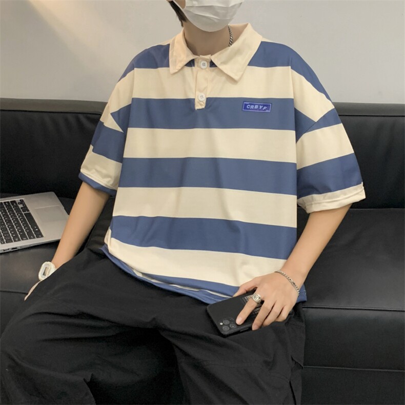 条纹短袖t恤男夏潮牌宽松polo衫ins潮流港风翻领上衣服PL106-P33,男装Polo衫,星座308B-1