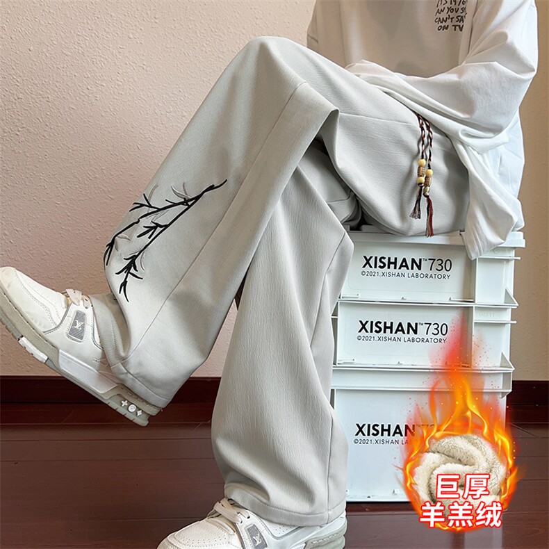 加绒加厚新中式刺绣潮牌宽松阔腿休闲裤  K91加绒-P40图片