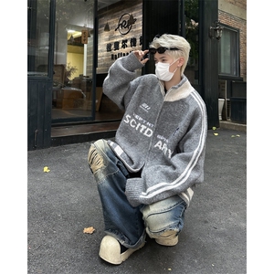 美式插肩立领毛衣外套男女秋季宽松羊毛针织衫拉链开衫图片