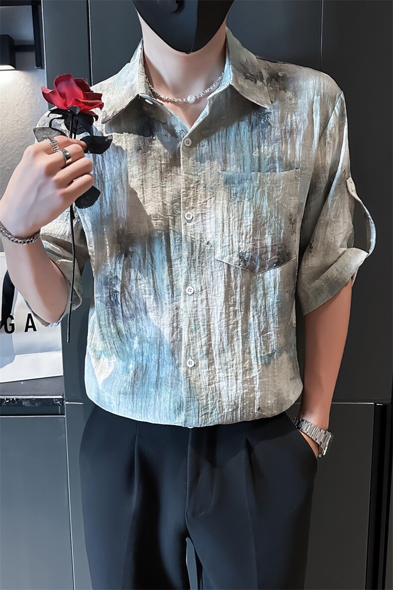 小伙宽松冰丝垂感衬衫男度假风短袖复古花衬衣A236--P50,男装衬衫,电商A236