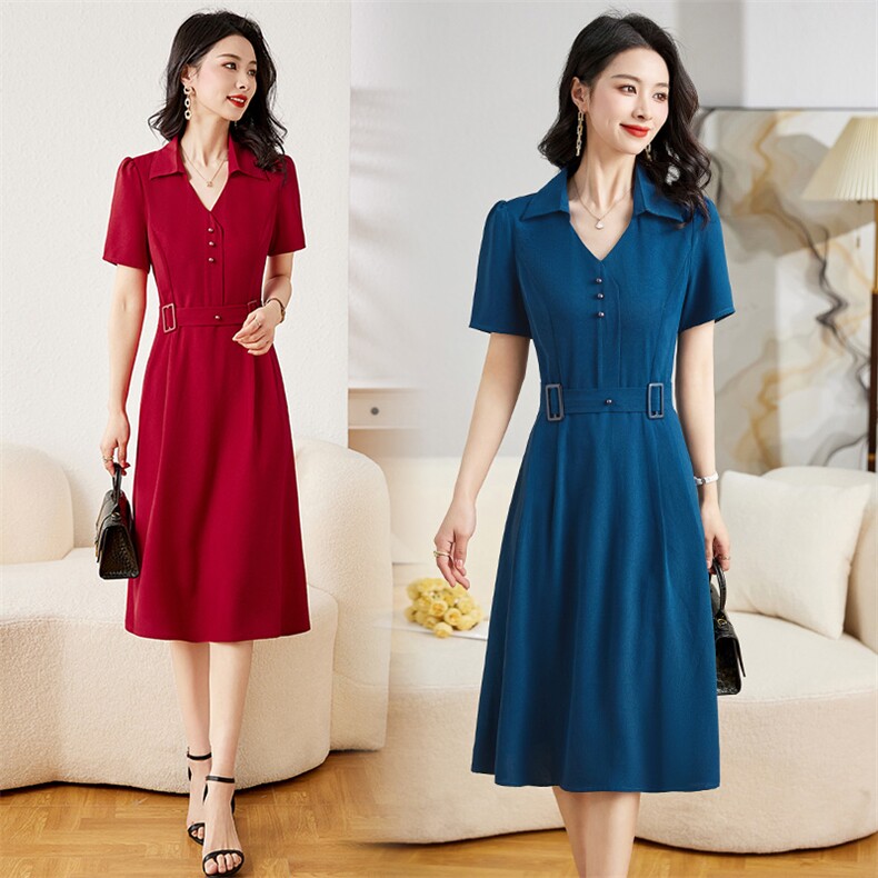 高端雪纺短袖连衣裙女夏季2025新款妈妈收腰显瘦今年流行衬衫裙子，女装连衣裙，牡丹诺