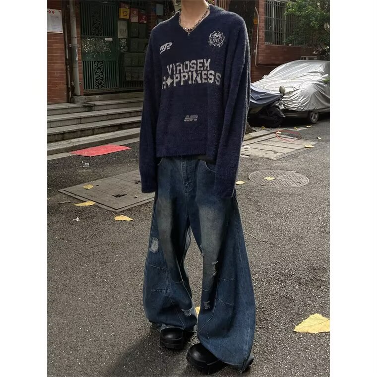 复古美式运动风毛衣男女宽松高级感徽章印花V领球服针织上衣外套,男装针织衫/毛衣,星座813-2