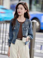 小个子牛仔外套女2025春秋季新款今年流行时尚圆领夹克上衣简约，女装牛仔外套，靓衣阁