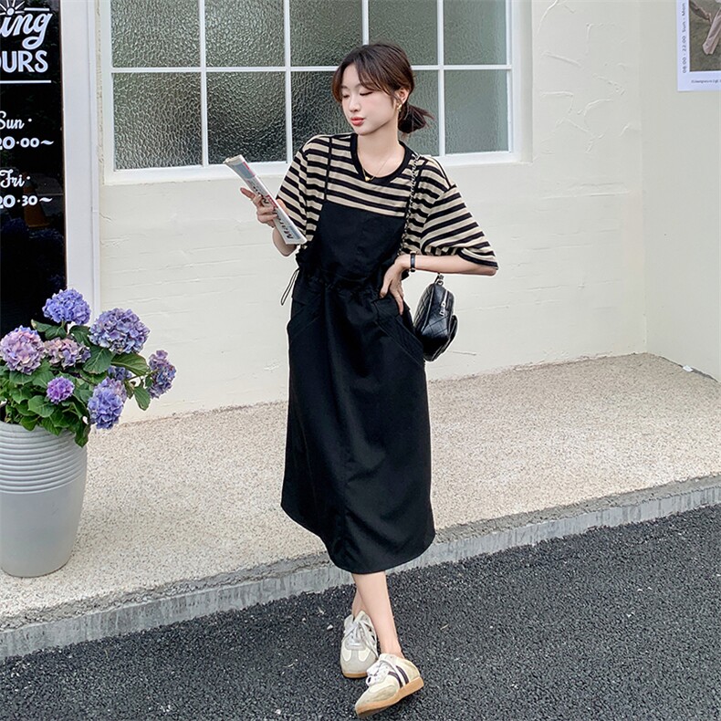 撞色条纹淡人假两件连衣裙夏季新款设计感小众宽松显瘦休闲背带裙,女装套装/套裙,2C239