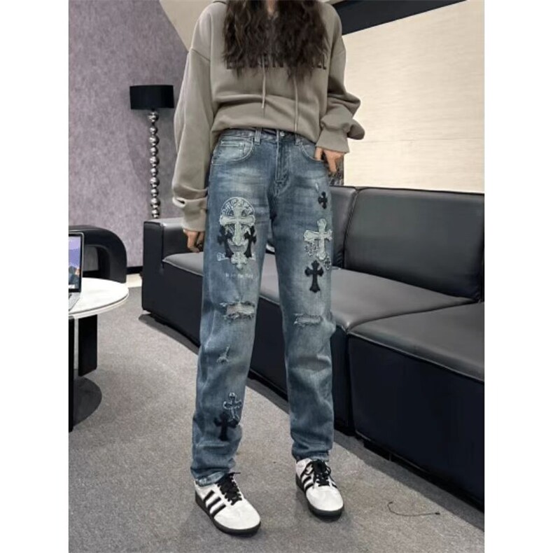 水洗做旧破洞牛仔裤男时尚直筒宽松欧美高街vibe风长裤子NZT333,男装牛仔裤,星座516A