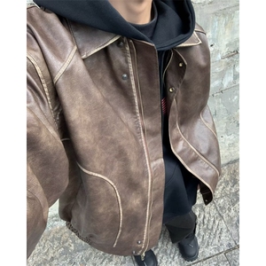 秋季百搭美式翻领夹克外套怀旧街头复古擦色做旧皮衣PU皮 W9289图片
