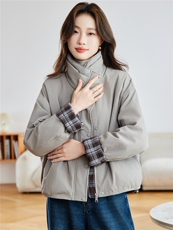 2025年冬季新款格纹拼接百搭棉衣加厚保暖，女装棉衣/棉服，忆绮罗