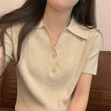 POLO领短袖套头修身型纯色气质简约针织衫，女装针织衫/毛衣，斯美雅安迪绒