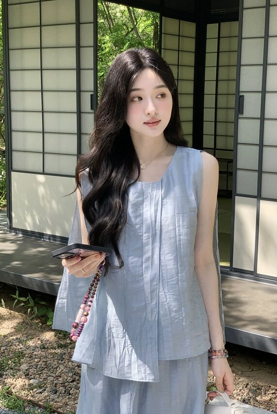 不规则无袖A字上衣+宽松直筒半身长裙两件套时尚百搭,女装套装/套裙,湘姗