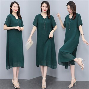 加肥加大码雪纺连衣裙女2025夏新款胖MM遮肚宽松显瘦中年妈妈裙子，女装连衣裙，深妍伊美