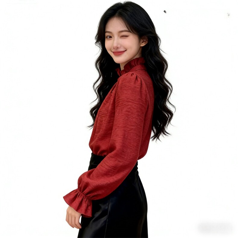 优雅风2026年春季套头木耳边提花长袖时尚衬衫女,女装衬衫,微微衣阁